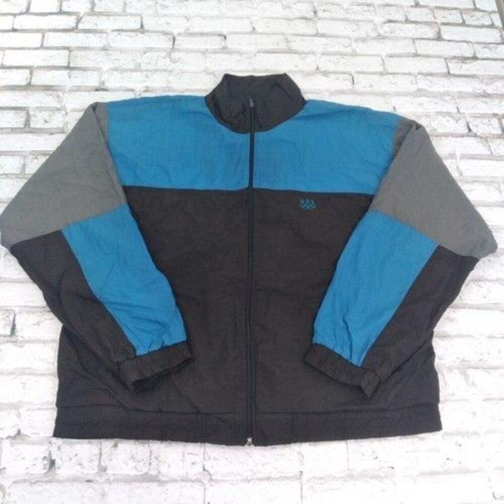 JC Penney USA Olympic Jacket Men Large Black Blue Gray Windbreaker Nylon Vintage